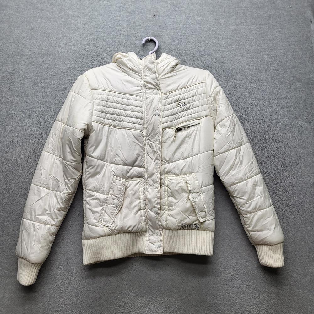 Fox Racing Women Jacket MEDIUM White Puffer Logo Embroidery Faux Fur Hooded